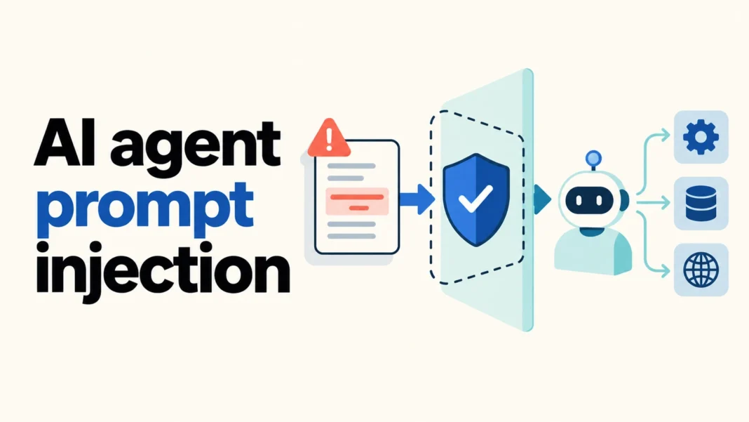 AI agent prompt injection illustration showing an untrusted document checked by a protective boundary before a tool action.
