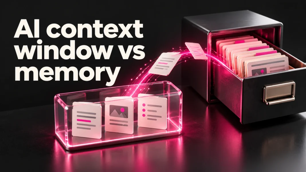 AI context window vs memory cover in charcoal and magenta showing a transparent workspace connected to an archive drawer.
