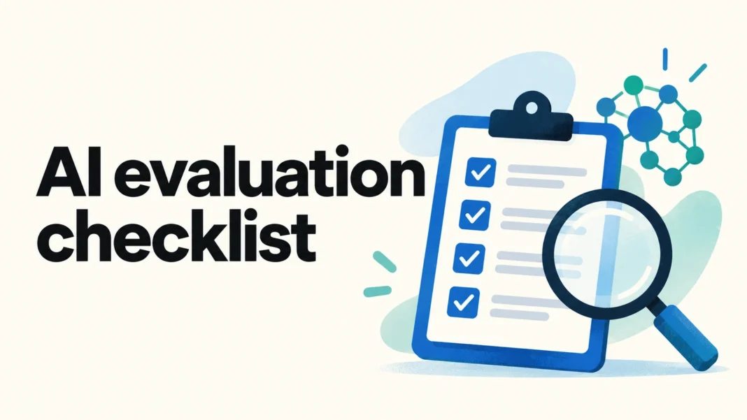 AI evaluation checklist illustration with a clipboard, checkmarks, magnifying glass, and connected AI nodes.