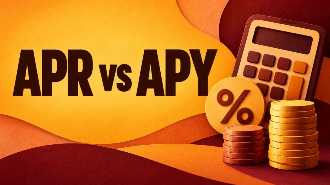 APR vs APY cover in amber and burgundy with a calculator, percent symbol, and stacks of coins.