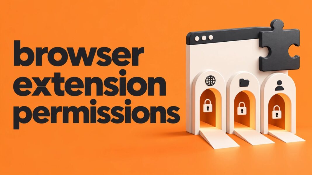 Browser extension permissions cover in tangerine and charcoal, showing a puzzle piece above three locked access gates.