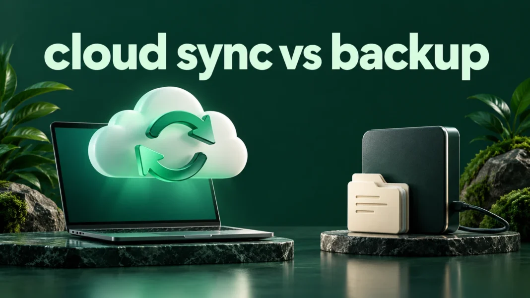 Cloud sync vs backup cover in forest teal and mint showing a cloud and laptop separated from an archival storage drive.