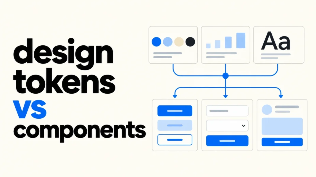 Design tokens vs components illustration connecting color, spacing, and typography tiles to reusable interface elements.