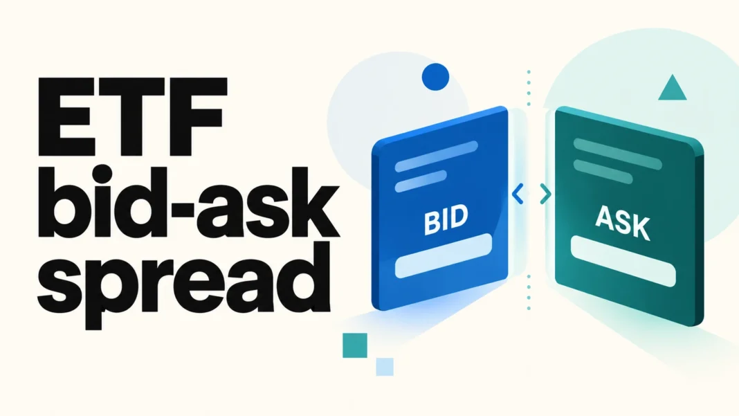 ETF bid-ask spread illustration showing blue bid and teal ask cards separated by a highlighted gap.