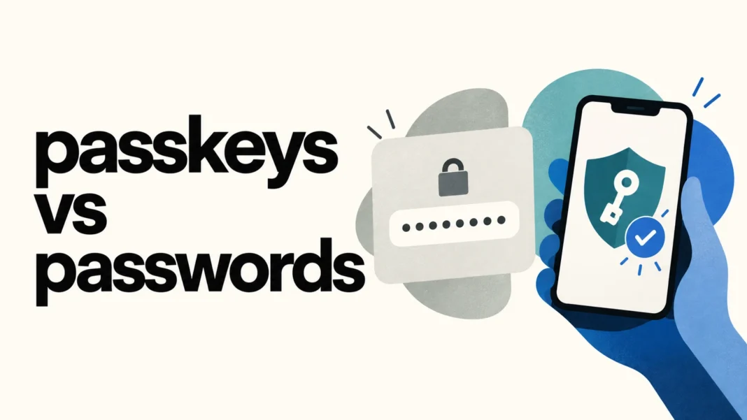 Passkeys vs passwords illustration comparing a typed-password card with a device-held key and protective shield.
