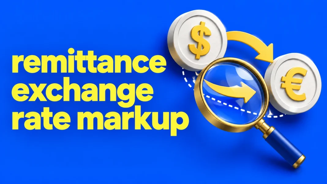 Remittance exchange rate markup cover in cobalt and lemon showing currency tokens, transfer arrows, and a magnifying glass.