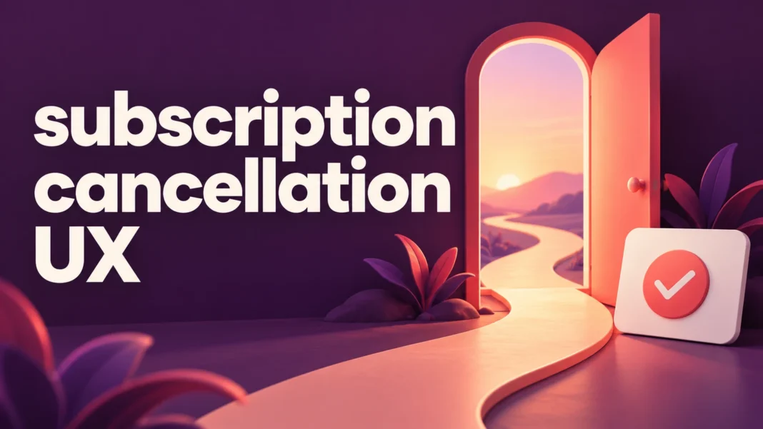 Subscription cancellation UX cover in plum and coral showing an open doorway, an exit path, and a confirmation checkmark.