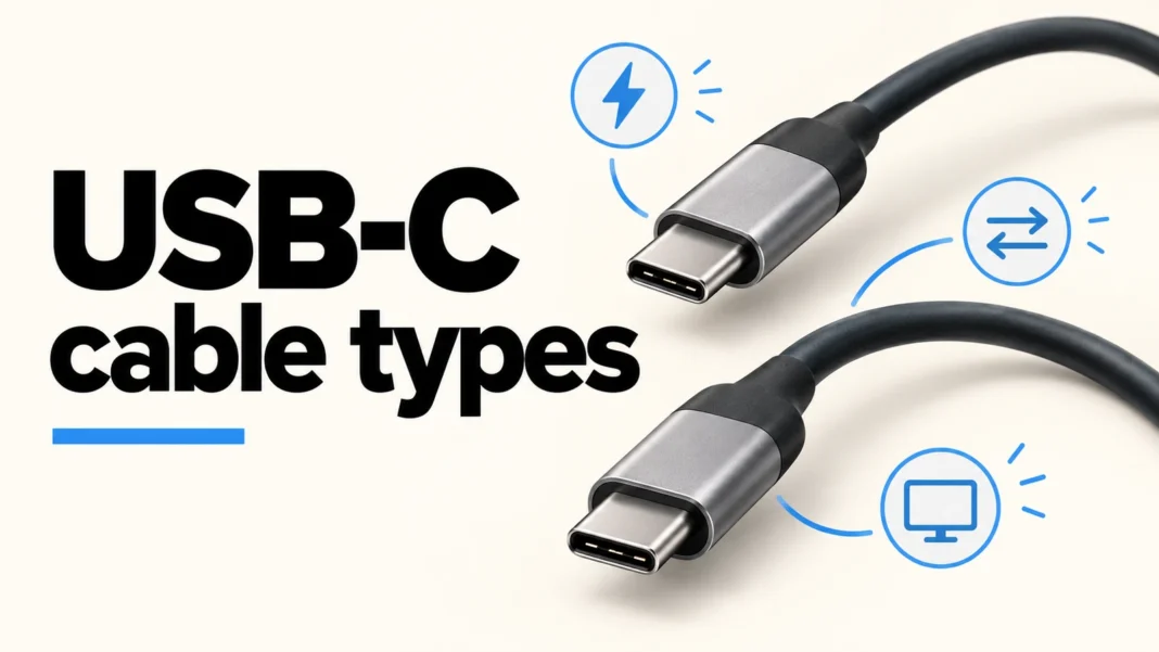 USB-C cable types illustration showing two connector tips beside separate power, data, and monitor symbols.